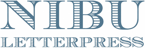 The logo for Nibu Letterpress, featuring the word 'Nibu' in large serif letters with a striped fill pattern and 'Letterpress' underneath in a matching serif font, on a solid white background.